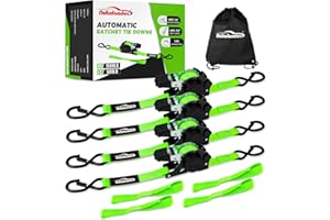 Autofonder Retractable Ratchet Straps with Soft Loops(4 Pack)-(1,500lb Break Strength) -1 Inch x 12 Feet Heavy Duty Auto Self Retracting Tie Down Strap for Truck, Cargo Trailer, Motorcycle, Rad & More