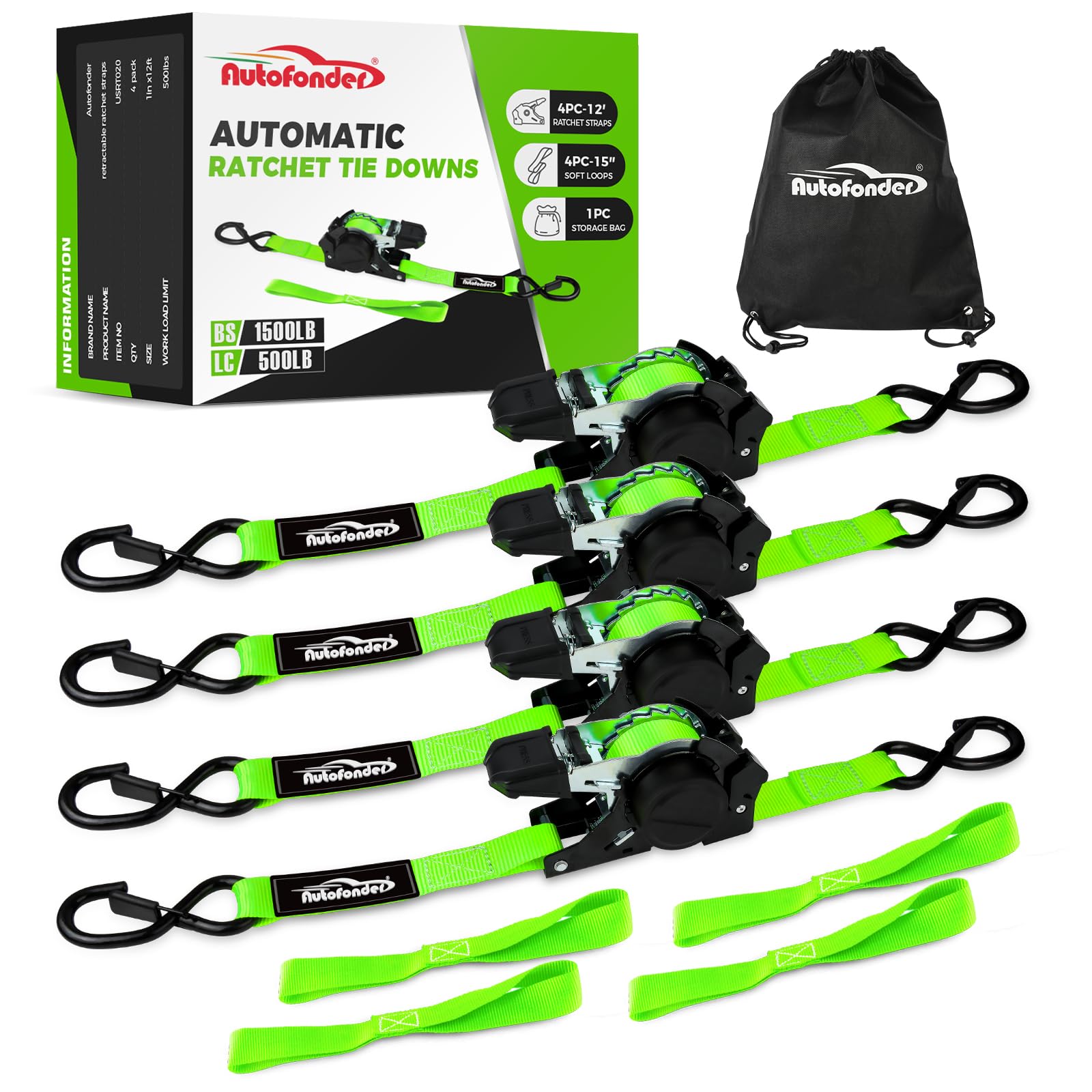 Photo 1 of Autofonder Retractable Ratchet Straps with Soft Loops(4 Pack)-(1,500lb Break Strength) -1 Inch x 12 Feet Heavy Duty Auto Self Retracting Tie Down Strap for Truck, Cargo Trailer, Motorcycle, Rad & More