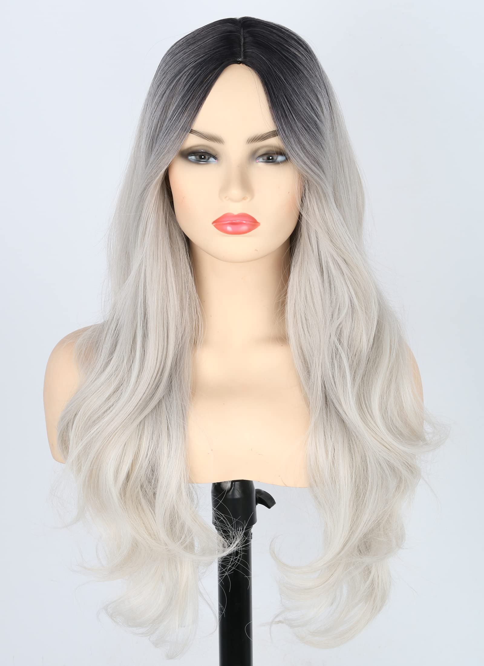 Topcosplay Women's Long Wavy Wig with Dark Roots Natural Looking Ombre Synthetic Wig for Cosplay Daily Use (Grey)