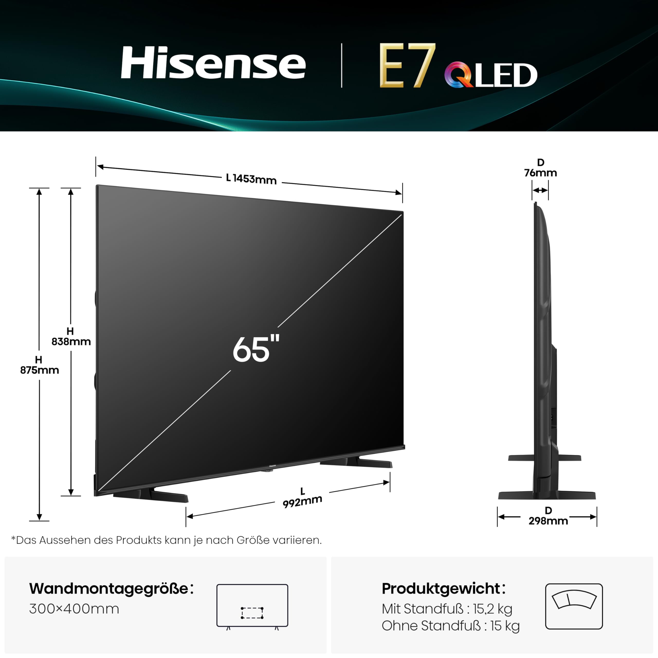 Hisense 65E7Q Fehrnseher, 65 Zoll, 4K UHD QLED, Smart TV, Game Mode Plus, Filmaker Mode, Dolby Vision Atmos, HDR10, HLG, HDR Immersive, AI 4K Upscaler, Dolby MS12, DTS X, Sprachsteuerung [2025] 2