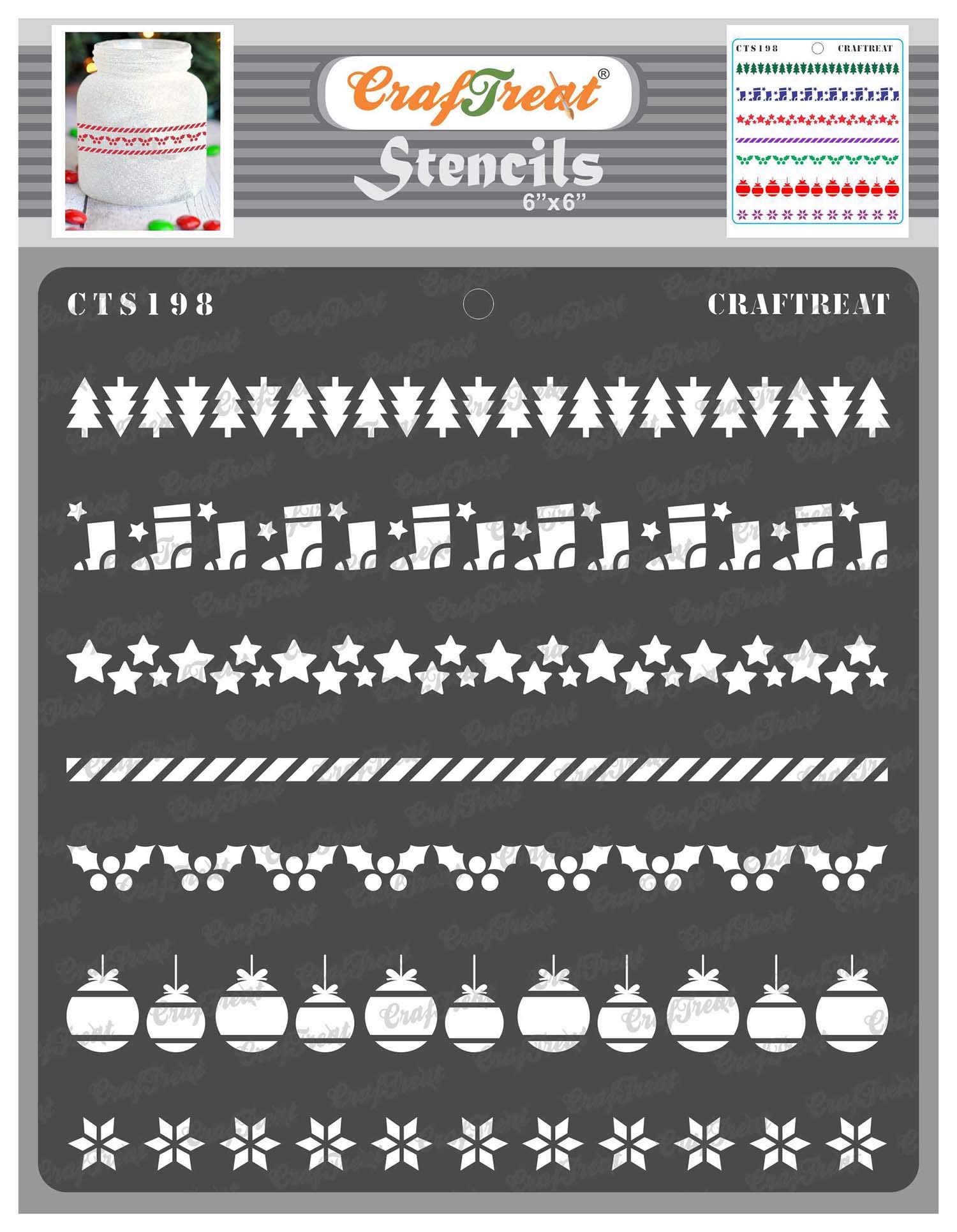 CrafTreat Reusable Christmas Border Stencils for Painting on Wood, Canvas, Paper, Fabric, Floor, Wall and Tile - Christmas Borders Stencil - 6x6 Inch - DIY Art and Craft Stencils Corner and Borders