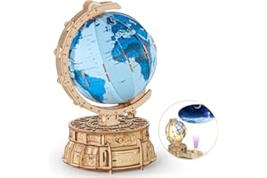 MIEBELY 3D Wooden Puzzles for Adults USB Charging Illuminated Globe Music Box DIY LED Wood Model Building Kits with Space Projector Stem Toys for Kids Desk Decor for Boys/Girls Ages 8+