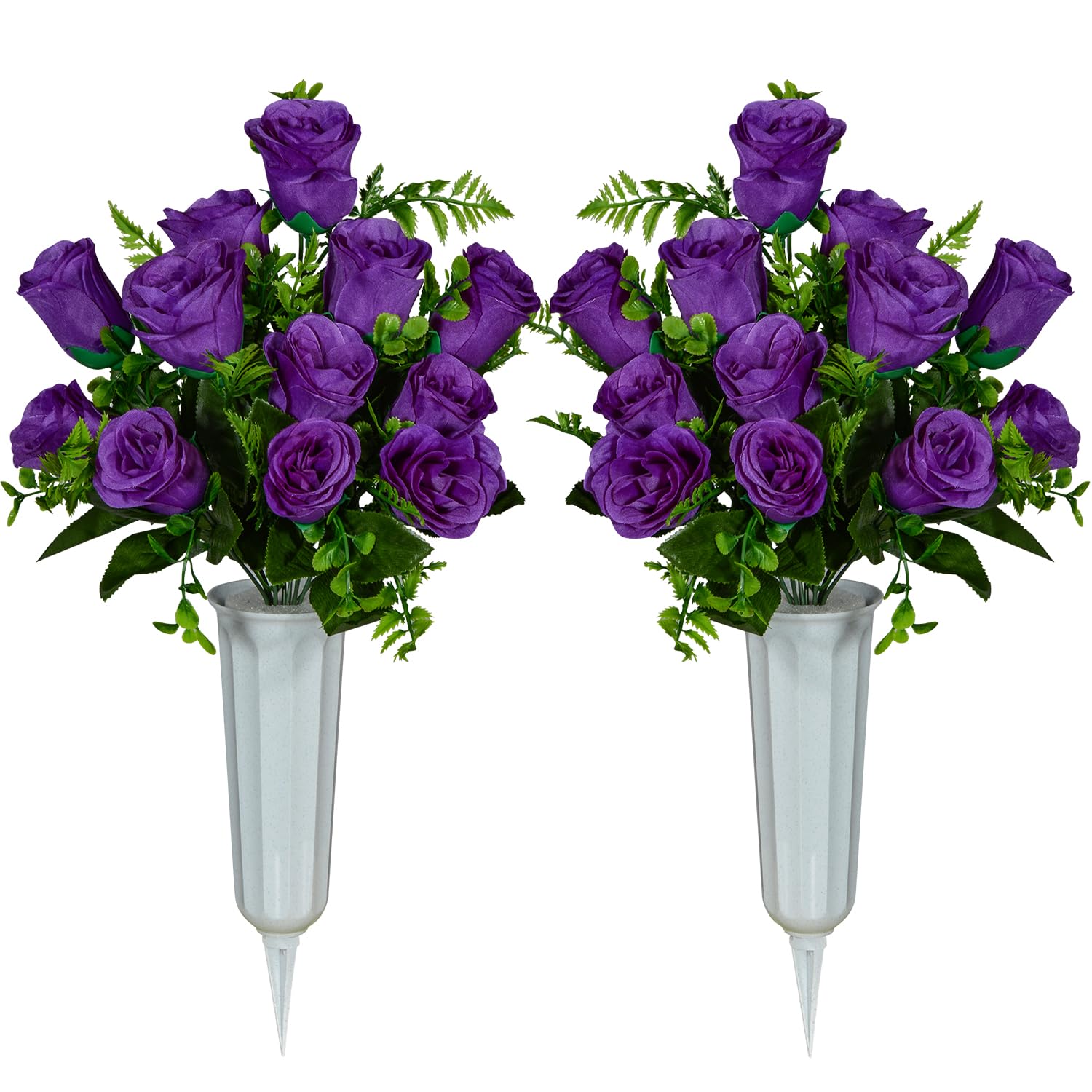 SIFOEL Artificial Cemetery Flowers with Vase, Artificial Rose Bouquet Grave Memorial Flowers for Cemetery Headstones Decoration (Purple-2Pcs) — image 1