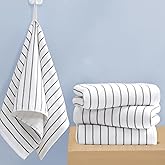 4-Pack Striped Hand Towels, thick 450GSM, Ultra-Absorbent & Quick-Drying ,100% Cotton 13x28 Inch Hand Towels with Hanging Loops, White Background Black Stripe Design for Bathroom & Kitchen