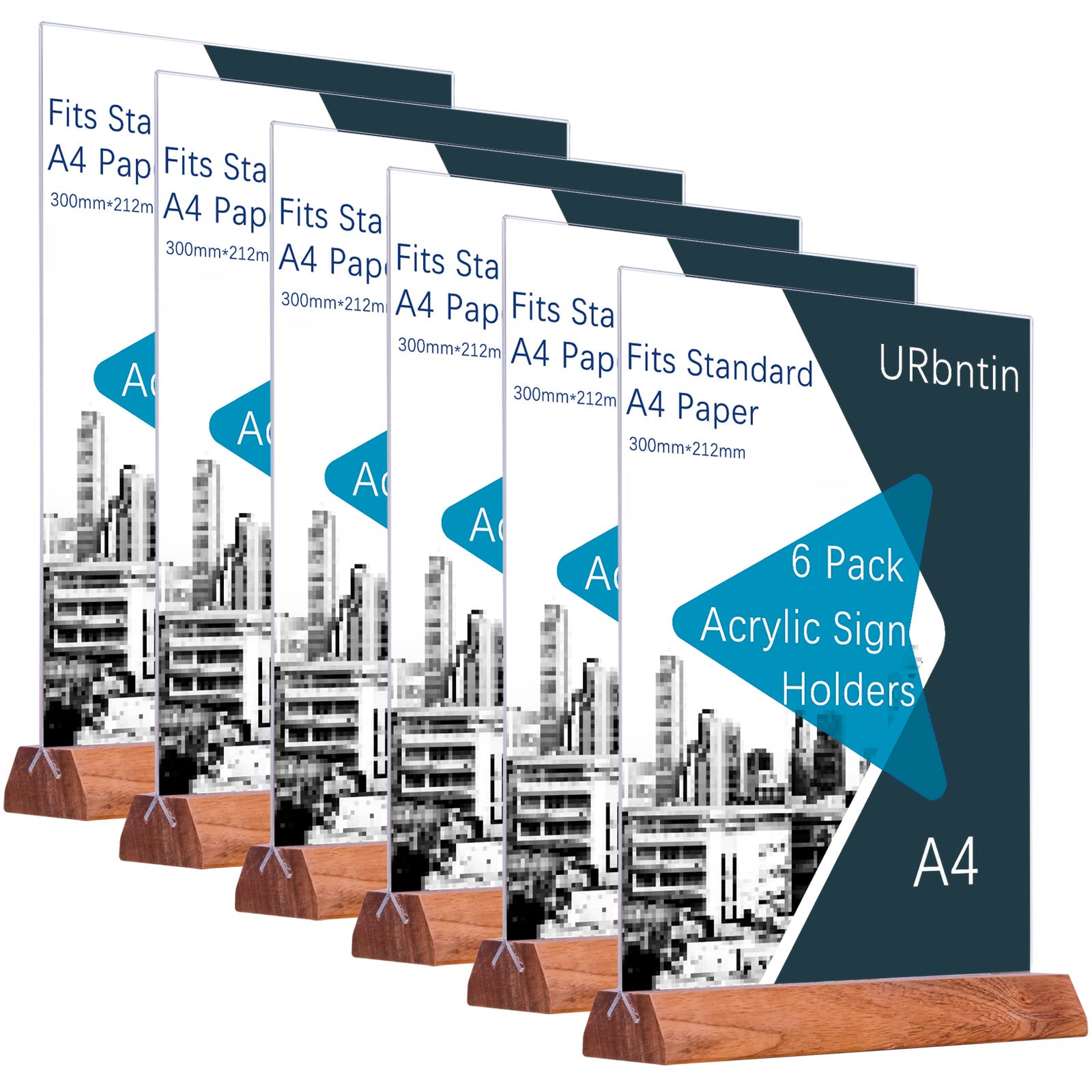 URbantin A4 Acrylic Sign Holder,6Pack T-Shape Wooden Base Menu Holders,A4 Plastic Display Stands Double Sided Poster Holder for Tables,Counter Display Stand for Restaurant Store Bar Company