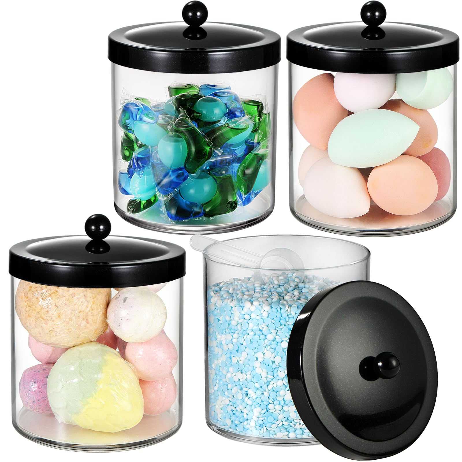 4 Pack 50Oz Large Plastic Apothecary Jar with Black Stainless Steel Lid - Shatterproof Laundry Pods Container - Modern Industrial Bathroom & Kitchen Storage Organizer for Scent Beads, Bath Bombs