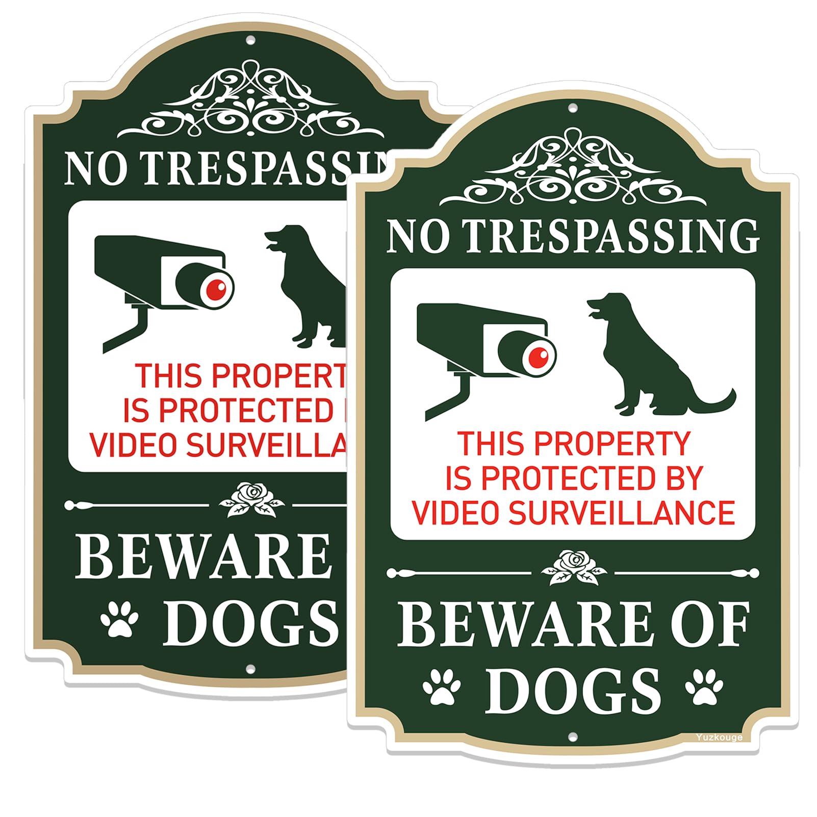 Yuzkouge No Trespassing Beware of Dogs Sign - 2 Pack, 12” x 8” Rust Free Aluminum Private Property Sign, Weatherproof, Fade Resistant, Easy Mounting.
