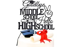 MISS ONEDERFUL Goodbye Middle School Hello High School Cake Topper, Congrats 8th Grade Grad/Next Stop High School, Middle School Graduate Party Decorations Supplies