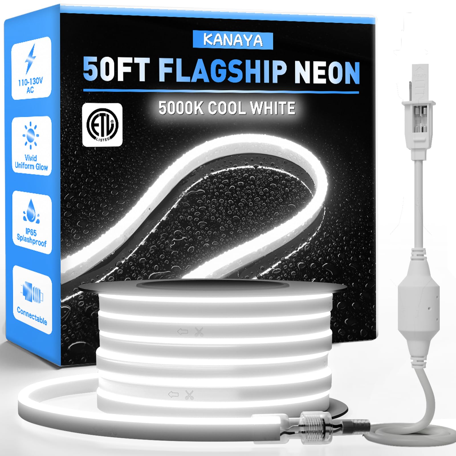 Photo 1 of KANAYA 50ft Led Neon Rope Lights Cool White 5000K, ETL Listed 110-120V Lighting Strip IP65 Waterproof, Connectable and Cuttable, for Home Commercial Building Outdoor Indoor Decor