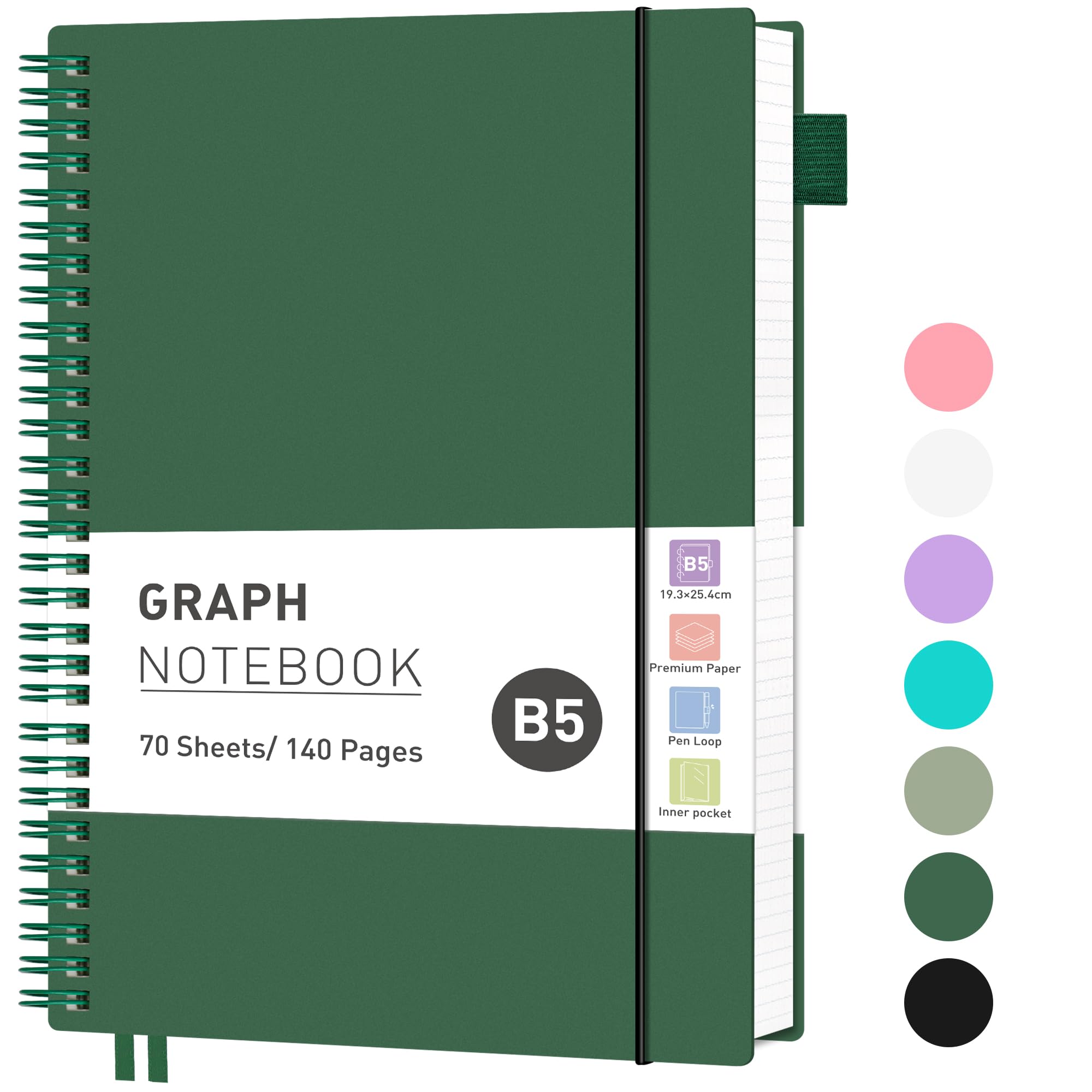 RETTACY Graph Grid Paper Notebook, 140 Pages, B5 Size (19 x 25 cm), 5mm per Square, 100 GSM Thick Paper, Flexible Plastic Cover, Spiral-bound, for School, Students, Math, Engineering (Dark Green)