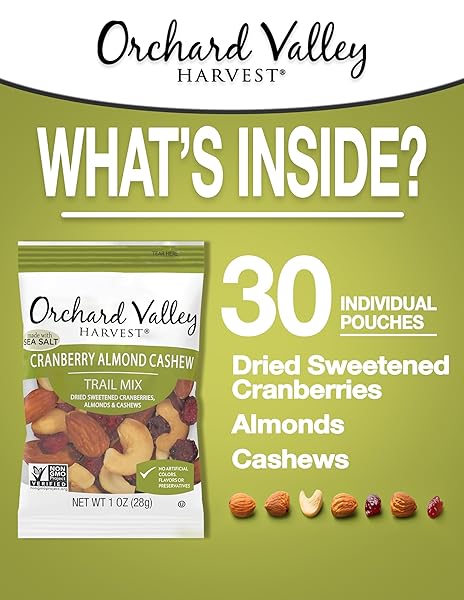 ORCHARD VALLEY HARVEST CRANBERRY ALMOND CASHEW TRAIL MIX, 1 OZ (PACK OF 30), CRANBERRIES, ALMONDS, AND CASHEWS, NON-GMO, NO ARTIFICIAL INGREDIENTS, HEALTHY SNACKS FOR ADULTS