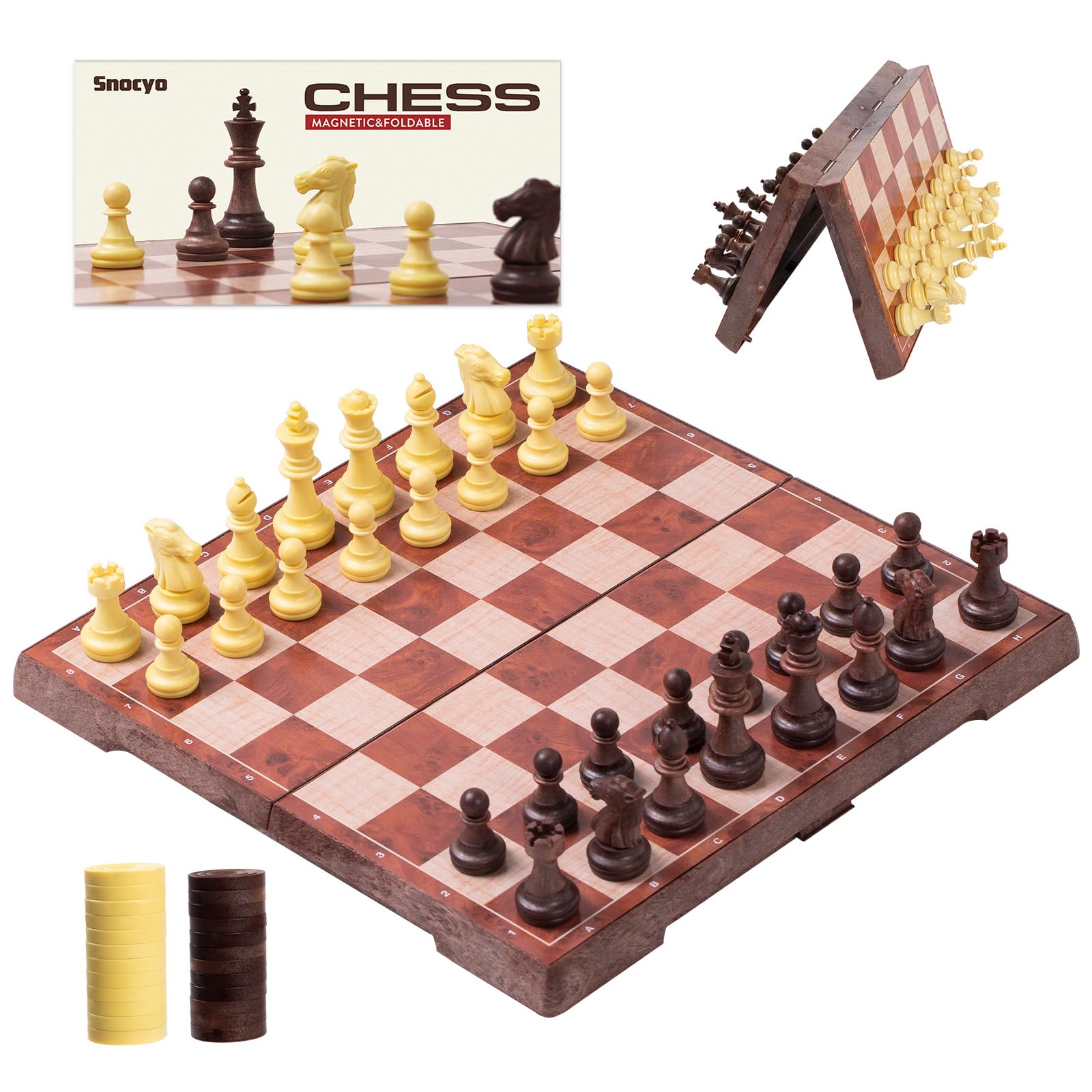Snocyo Chess Set and Draughts, 2 IN 1 Folding Chess Board Set, Magnetic Chess Pieces, Portable Travel Chess Set Board Games, Educational Toys Gifts for Adults, 31 * 31cm