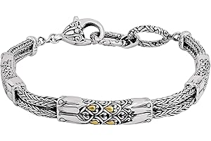 DEVATA Sterling Silver 925 and 18K Gold Accents Bali with Dragon Bone Tulang Naga/Borobudur/Wheat Paddy Chain Bracelet