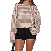 KOSUSANILL Women Oversized Striped Long Sleeve Shirt Crewneck Cropped Tops Drop Shoulder Y2K Preppy Sweatshirt Fall Clothes