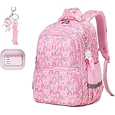 MUSEVOS Kids Backpack, Kawaii Printed Girls Bookbags for Preschool, Lightweight School Backpack for Primary and Elementary and Kindergarten, Waterproof Teen Backpacks, Pink/Rainbow