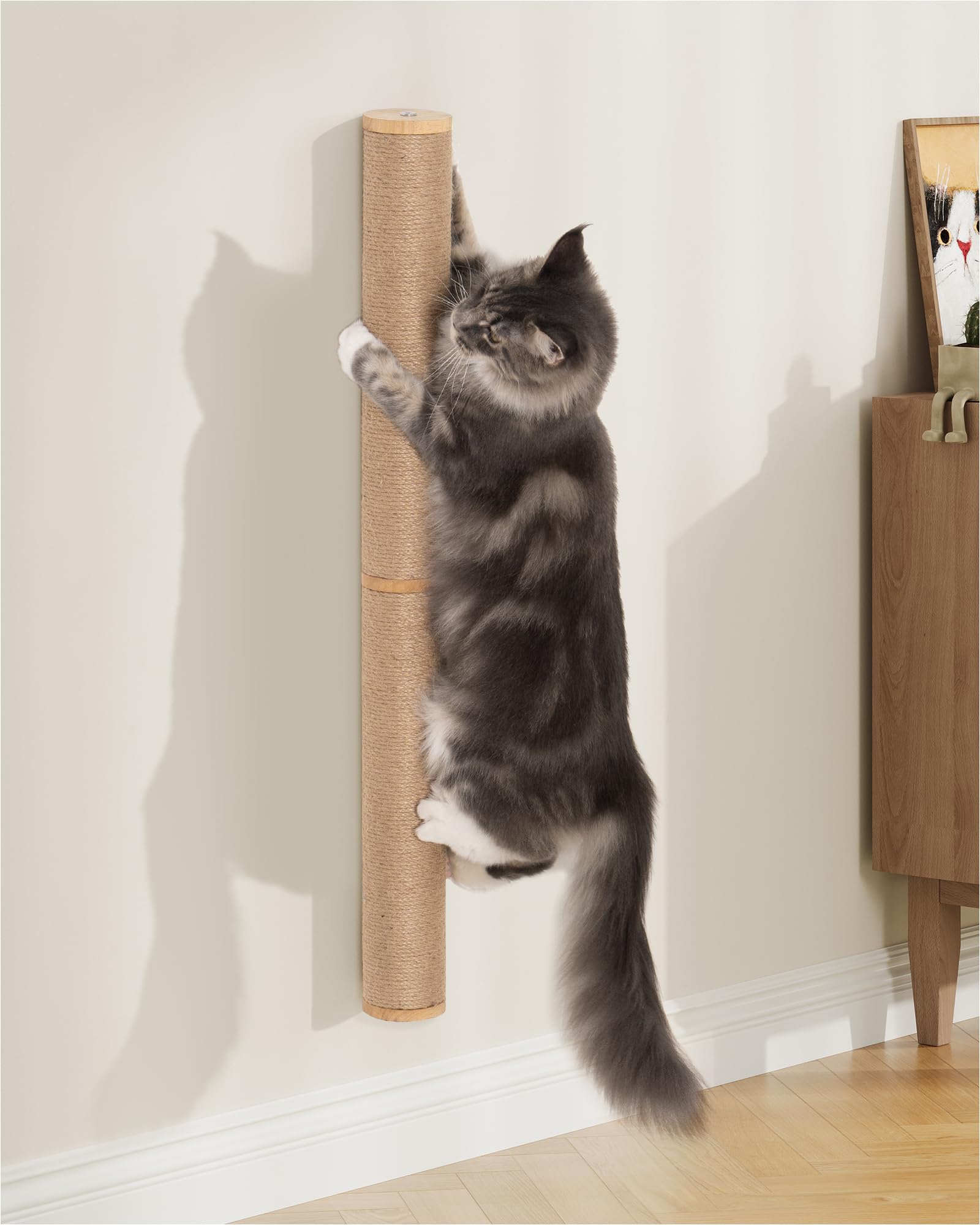 Photo 1 of 34" Cat Scratching Post on Wall for Large Cats, Wall Mounted Wood Cat Scratcher Furniture for Indoor Cats, Tall and Sturdy Corner Climbing Pole