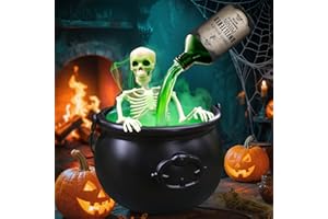 AOBIS Halloween Decorations - Cauldron Halloween Decor with Magic Floating Potion Bottles Fog Diffuser Spooky Skeletons & Black Plastic Witches Bowl for Indoor Outdoor Party/Table/Mantel/Kitchen Decor