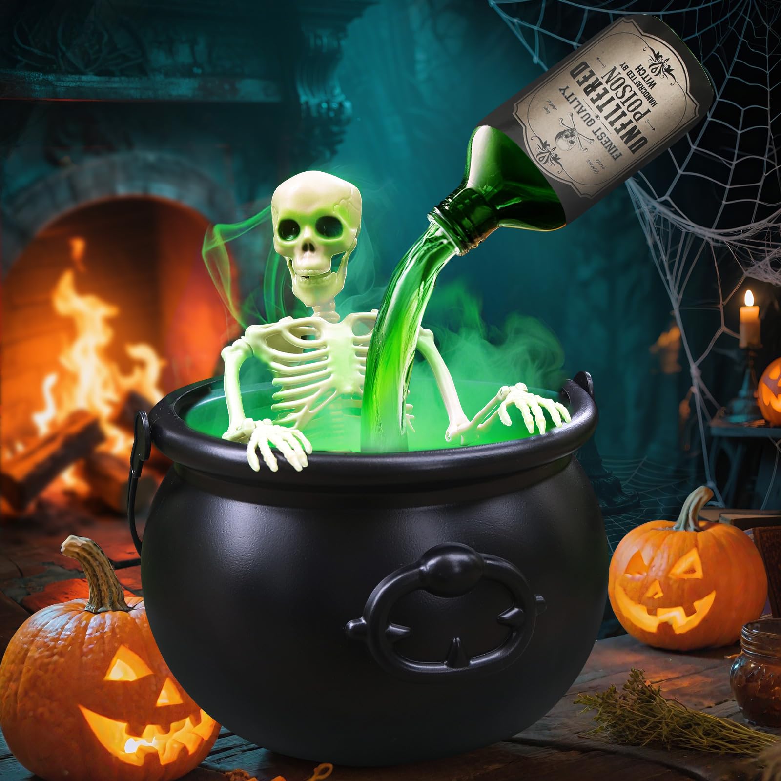 Photo 1 of Halloween Decorations - Cauldron Halloween Decor with Magic Floating Potion Bottles Fog Diffuser Spooky Skeletons & Black Plastic Witches Bowl for Indoor Outdoor Party/Table/Mantel/Kitchen Decor Black