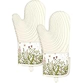 Slohif Long Silicone Oven Mitts Heat Resistant for Women - 2 Pcs Flowers 100% Cotton Oven Gloves, Non-Slip and Waterproof Silicone Oven Mitts with Hanger for Baking and Cooking