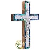 Small Decorative Mother of Pearl wall cross handmade in the Holy Land | olive wood wall crucifix | Catholic wooden cross | Made by Christians in the Holy Land | Religious gift for baptism or Comminion