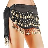 COSICS Belly Dance Hip Scarf, Women's Chiffon Belly Dancing Scarf with 128 Coins for Yoga Class