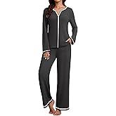 Blooming Jelly Womens 2 Piece Color Block Pajama Set Soft Fall V Neck Lounge Sets Wide Leg Pants Sleepwear Pockets