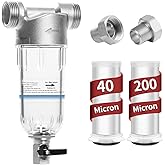 Sediment Filter, 40 & 200 Micron Reusable Spin Down Sediment Water Filter, Whole House Water Filter for Washing Machine Garden Hose, Sediment Buster for Well Water, 1" MNPT + 3/4" FNPT + 3/4" MNPT