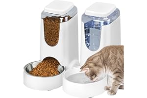 HWONMTE 2 Pack Automatic Cat Feeder and Water Dispenser Dog Gravity Food Feeder and Waterer Self Feeding Bowls for Small Medium Pets Puppy Kitten (White)