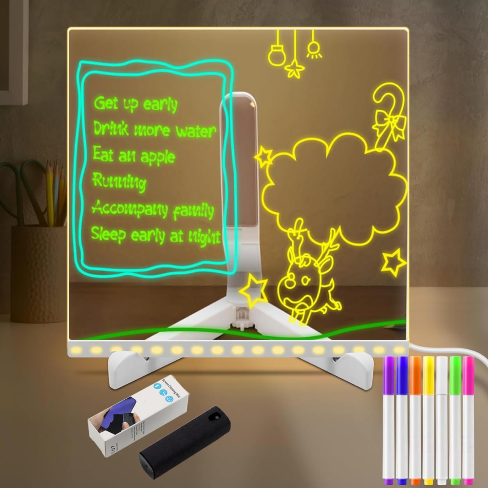 Photo 1 of Led Note Board with Colors, Acrylic Dry Erase Board with Light, Led Writing Board with 7 Colored Pens and 1 Eraser, Can Be Used As A Glow Message Board Notepad (Plan A)