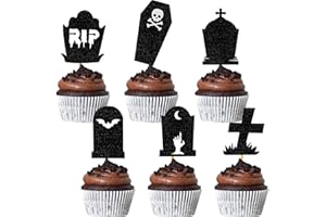 DOMOO OF DREAMS Halloween Tombstone Cupcake Toppers Glitter RIP Spooky Skull Food Picks Cemetery Graves Zombie Birthday Party Decoration 24PCS