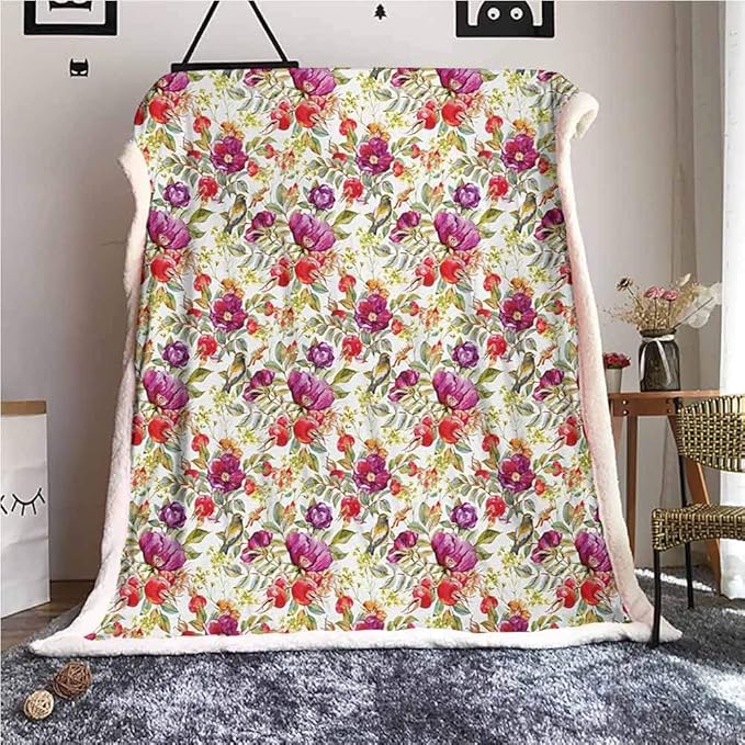 Cranekey Floral Sherpa King Blanket Hot Pink Purple Colored Flowers
