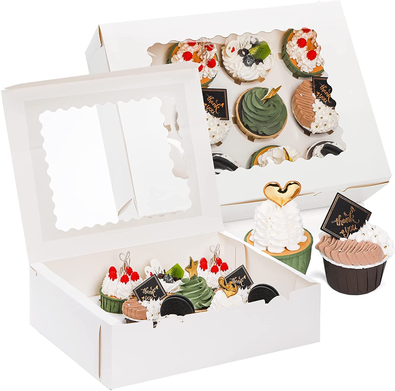 Jucoan 20 Pack Cupcake Boxes 12 Counts White Paper Cupcake Container with Inserts and Window, Bakery Container Dozen Cupcake Carrier Boxes for Muffins, Cookies, Pastry