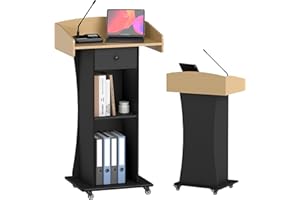 Podium Stand with Metal Wheels Wooden Lectern Podium Stand Portable Pulpit Standing with Storage Mobile Reception Podiums for