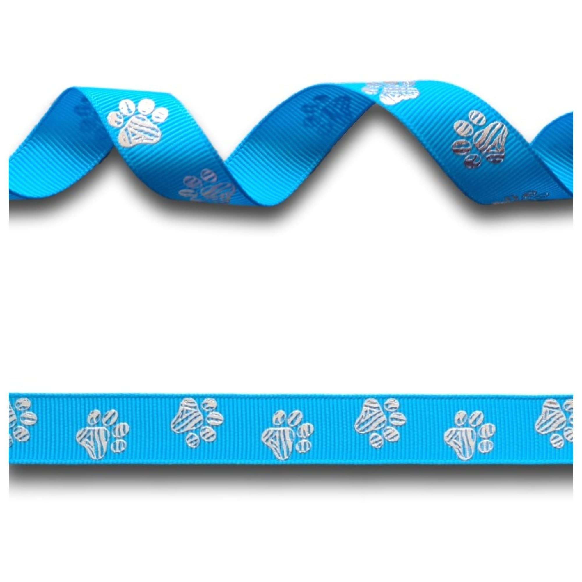 5 Yards (4.57 metres) Dog Bear Paw Print Blue Silver Foil Grosgrain Ribbon 16mm Wide, Ideal for Craft Projects, Scrapbooking, DIY Hair Bows, Present Wrapping etc.