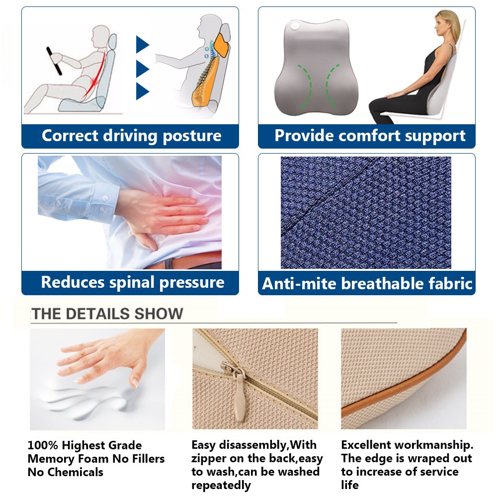 LOCEN Premium Memory Foam Lumbar Back Support Car Cushion - Reduce Back Ache Improve Posture - Black