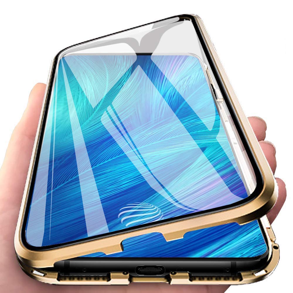 Orgstyle for Samsung Galaxy A71 Case, Magnetic Adsorption Shockproof Cover Slim Front Back Tempered Glass + Aluminum Metal Bumper Built in Strong Magnets, Full Body Protection Clear Case, Gold
