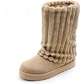 EXEBLUE Women's Platform Suede Ankle Snow Boots Knee-High Winter Warm Fur Lined Anti-Slip Pull On Cuff Boots