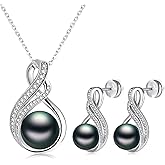 LOIPURI Black White Pearl Necklace and 2 Earrings Set for Women, 925 Sterling Silver Adjustable Infinity Cubic Zirconia Wedding Bridal Choker Dangle, Anniversary Mothers Day Jewelry Gift for Her