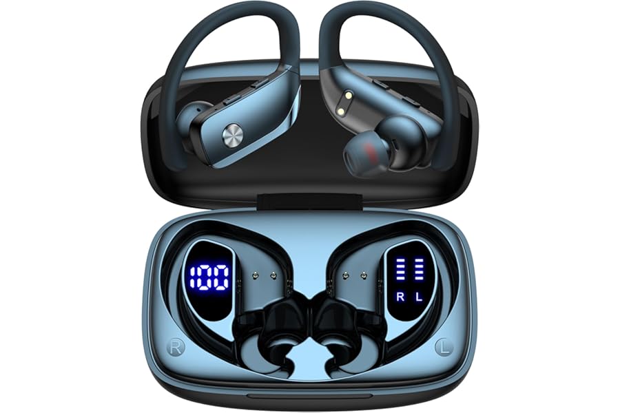 bmani Ear Buds Wireless Earbuds Bluetooth Headphones with 80H Playtime LED Display Case, Over-Ear Hook with Mic, Stereo Sound, Easy Button Controls, Sports Earphones for Running Workout Gym Black