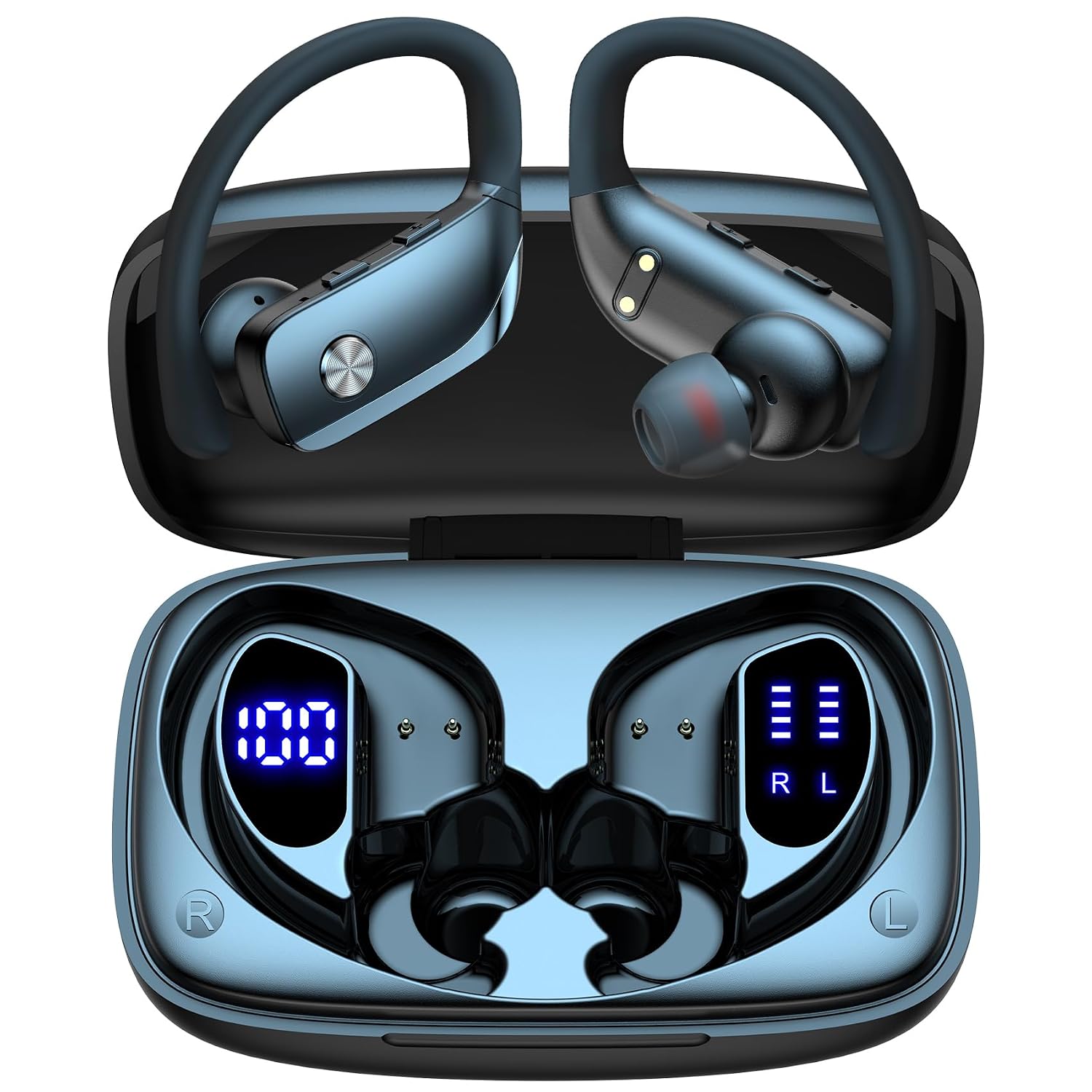bmani Ear Buds Wireless Earbuds Bluetooth Headphones with 80H Playtime LED Display Case, Over-Ear Hook with Mic, Stereo Sound