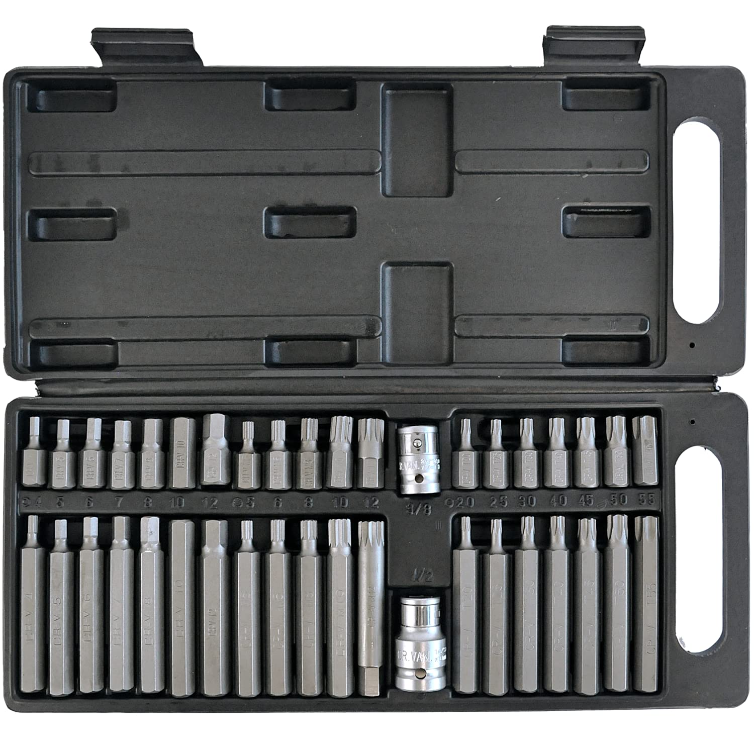 Simply 40-Piece Chrome Vanadium Bit Set with Case – Hex, Torx & Spline Bits, 3/8″ & 1/2″ Adapters, Cr-V Steel (TSET3)
