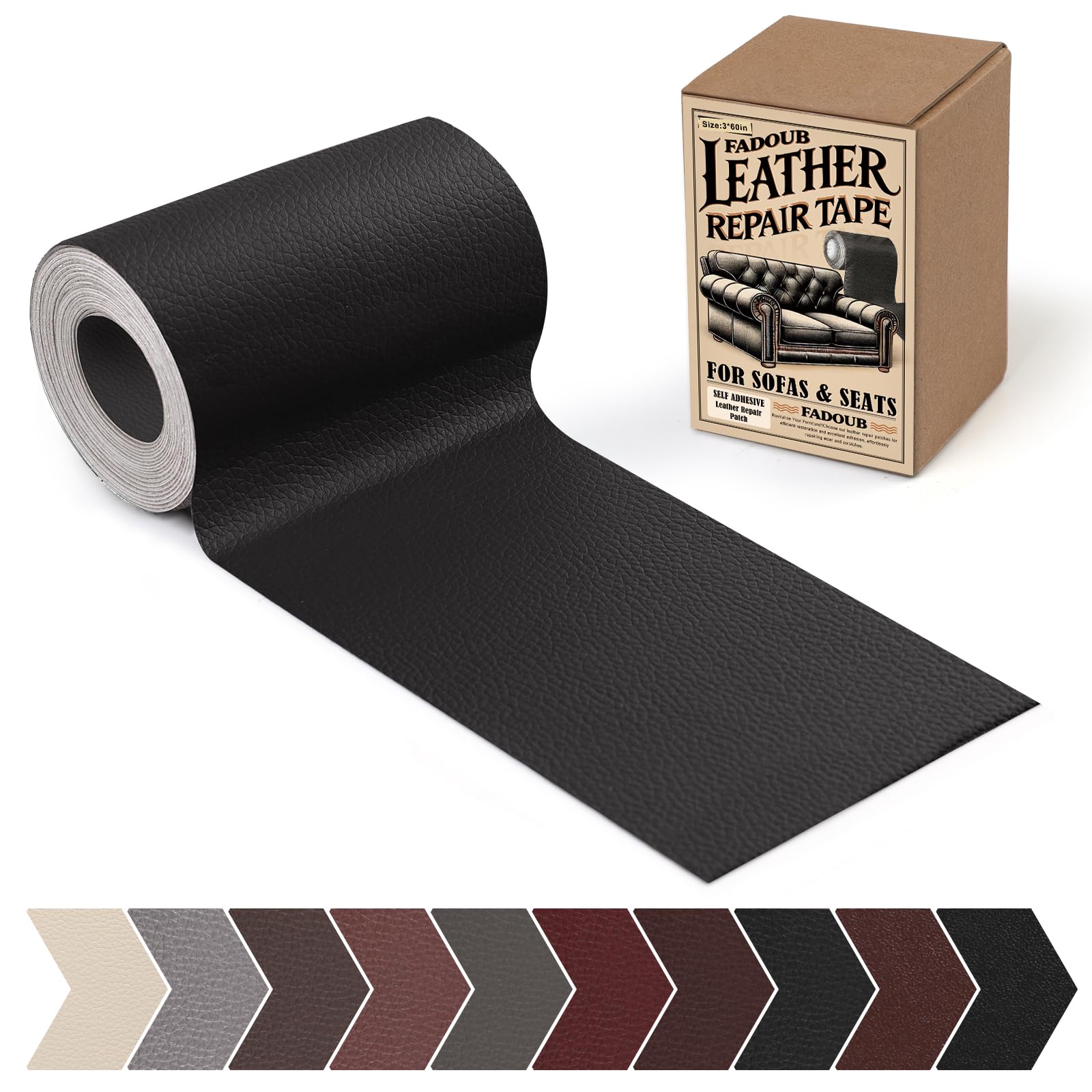 Photo 1 of Fadoub Leather Repair Patch, 3 x 60In Self Adhesive Leather Repair Tape Kit for Furniture, Couch, Sofa, Office, Car Seats, Car Interior,Vinyl Repair Kit (Black)