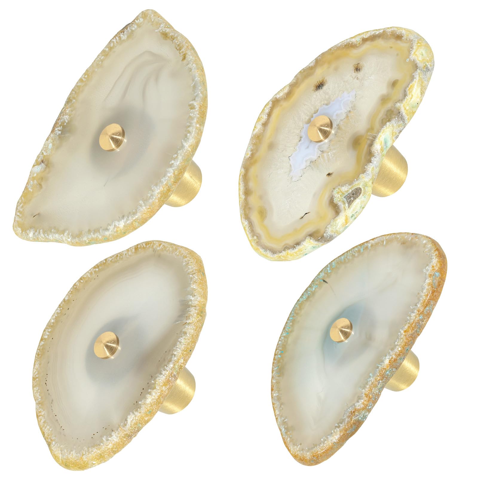 Mookaitedecor Set of 4 Natural Agate Crystal Drawer Knobs with Screws, Irregular Crystal Stone Handles Pulls for Cupboard Cabinet Wardrobe Kitchen Unique Decorative Furniture Brass Knobs