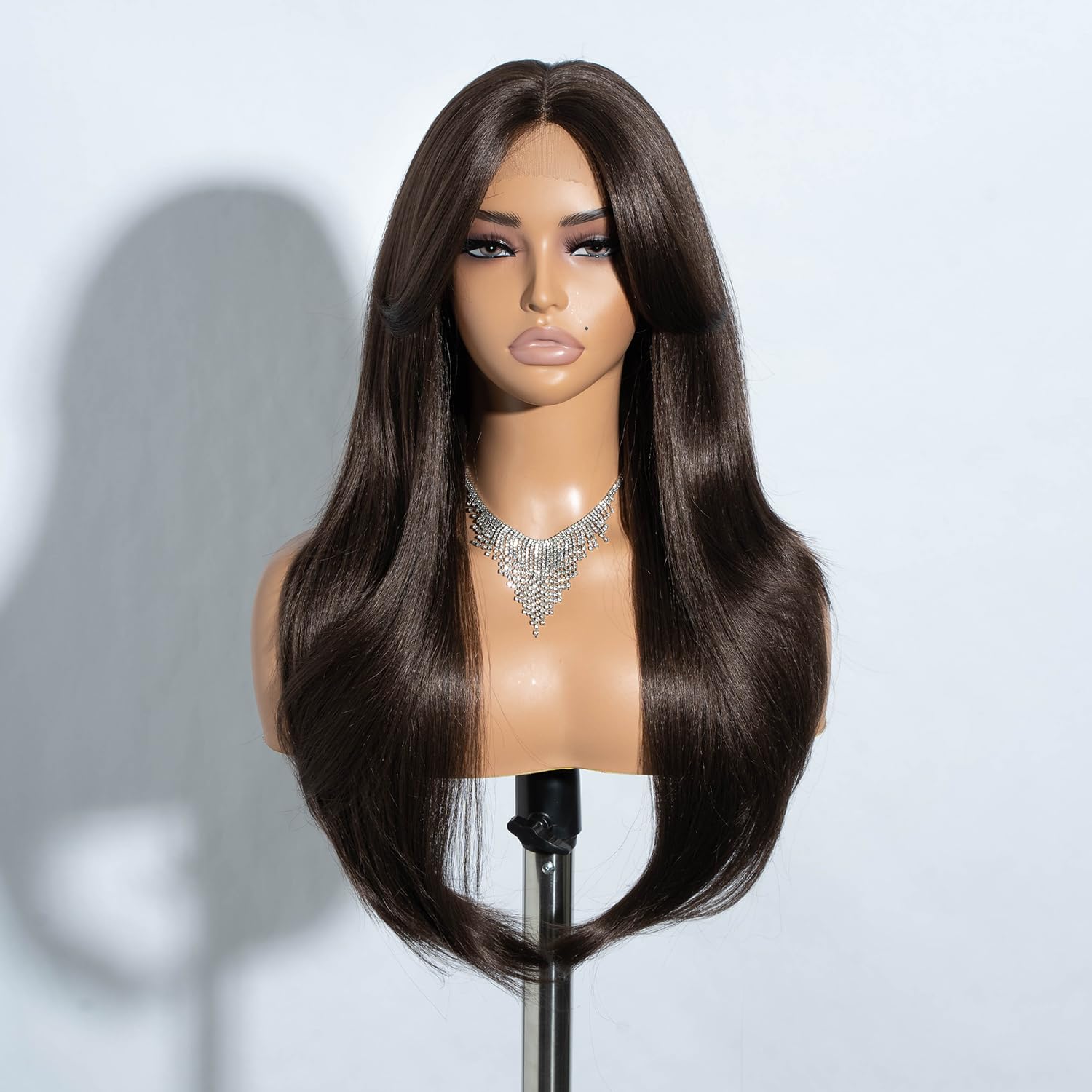 Joedir Dark Brown Wigs Long Layered Wig With Curtain Bangs T-Part Lace Front Wigs for Women 26 Inch Heat Resistant Synthetic Fibre Wigs for Daily Party Use โ image 1