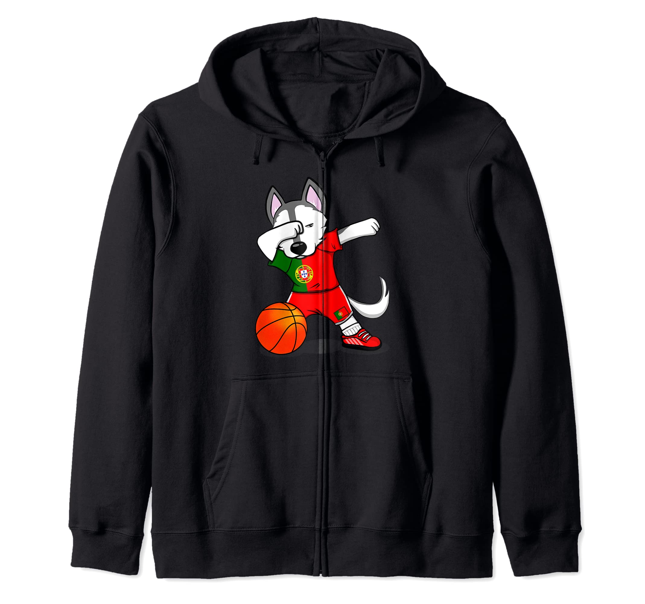 Funny Dabbing Husky Dog Portugal Basketball Fans Jersey Flag Zip Hoodie
