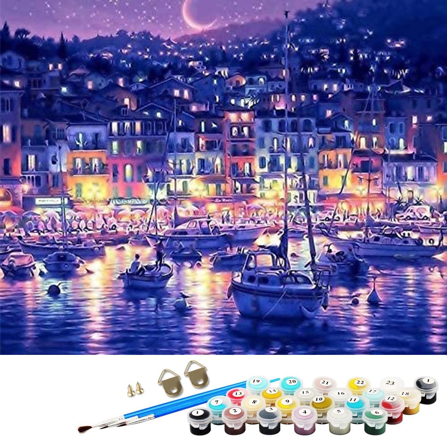 ABEUTY DIY Paint by Numbers for Adults Children, Moonlight Harbor Boat 16x20 inches Number Painting Art Therapy