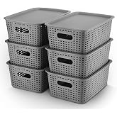 AREYZIN Plastic Storage Baskets -6 Pack, Storage Bins with Lid Organizing Container Lidded Knit Storage Organizer Bins for Shelves Drawers Desktop Closet Playroom Classroom Office,Gray