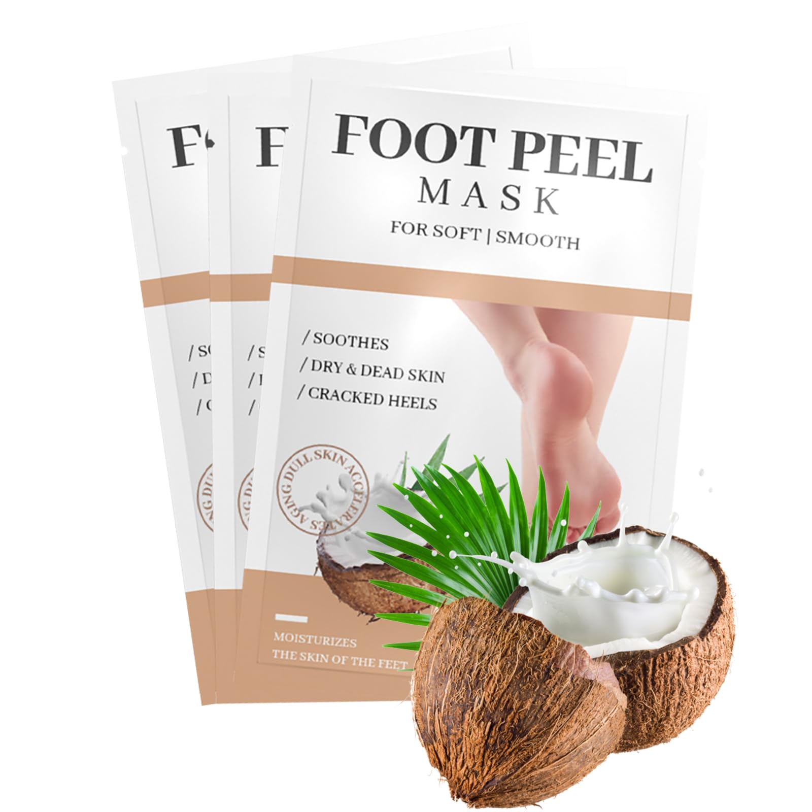 Joyeee 3 Pairs Foot Peel Mask, for Cracked Heels & Dry Dead Skin, Foot Socks for Hard Skin, for Men and Women - Coconut