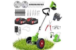 XABCHUI Electric Weed Wacker Eater Battery Powered, 21V Cordless Weed Trimmer with 5Types Blades & 2 Battery & Charger, Lightweight Stringless Grass Trimmer/Brush Cutter/Lawn Edger with Wheels for Yard Garden