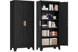 Washsemba 71'' Farmhouse Metal Storage Cabinet with Barn Doors,Steel File Cabinet for Home Office,Kitchen Pantry 4 Adjustable Shelves,Freestanding Cupboard for Kitchen,Home Office (Black)